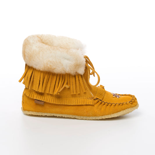 Women's Indian Tan Suede Sheepskin Lined Concho Mukluk Boots Fringe