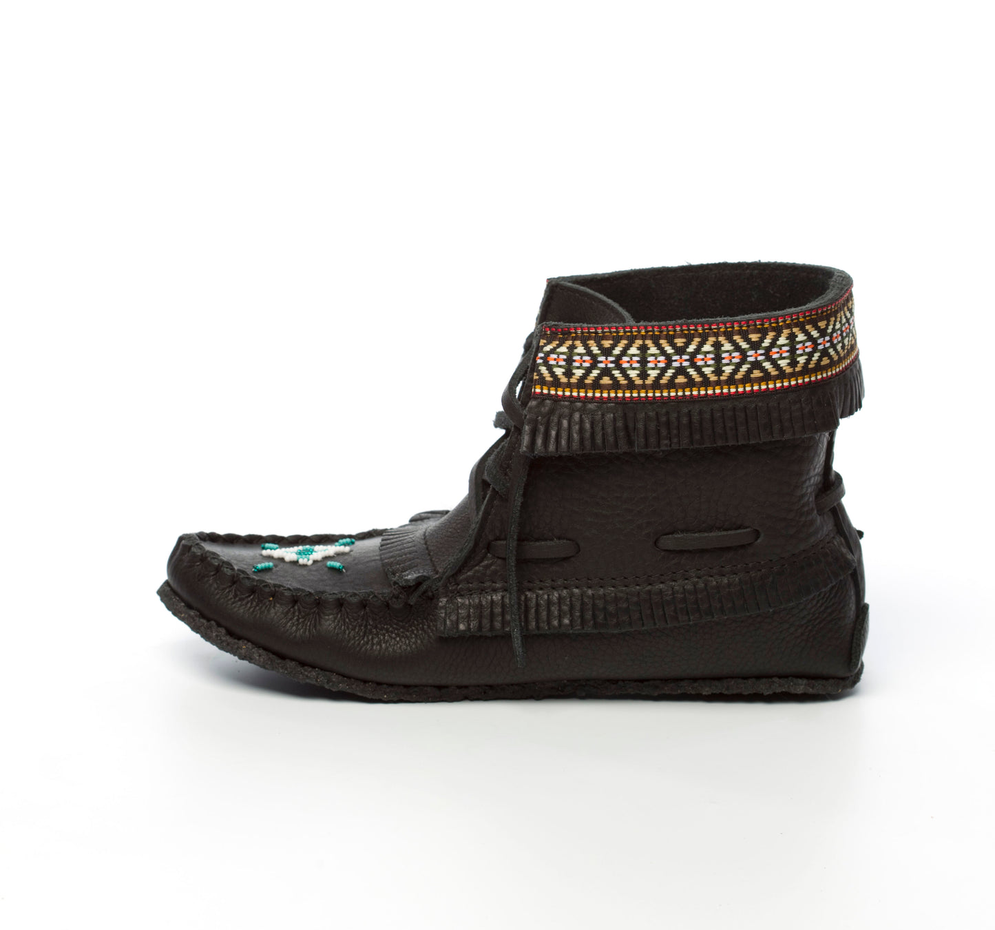 Black Cowhide Leather Concho Moccasin Boots With Fringe And Indian Braid Trim With Beaded Vamp By Tecumseh Canada