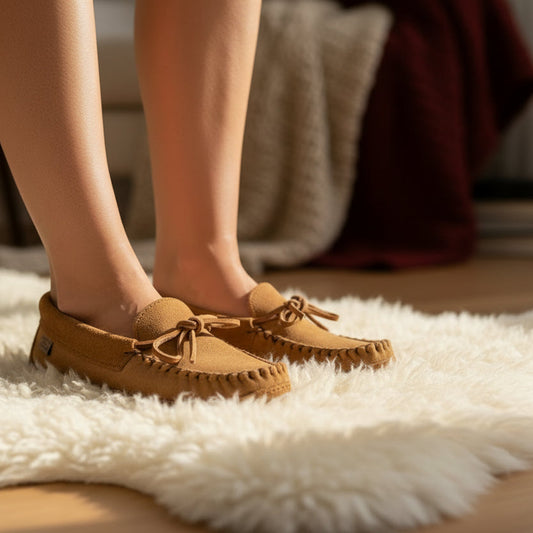 Pair of brown moccasin slippers on a white surface with a blurred background.