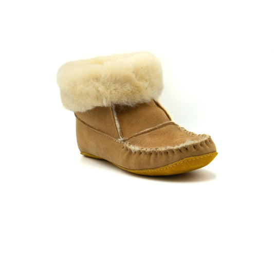 Tan slipper with white fur lining on a white background