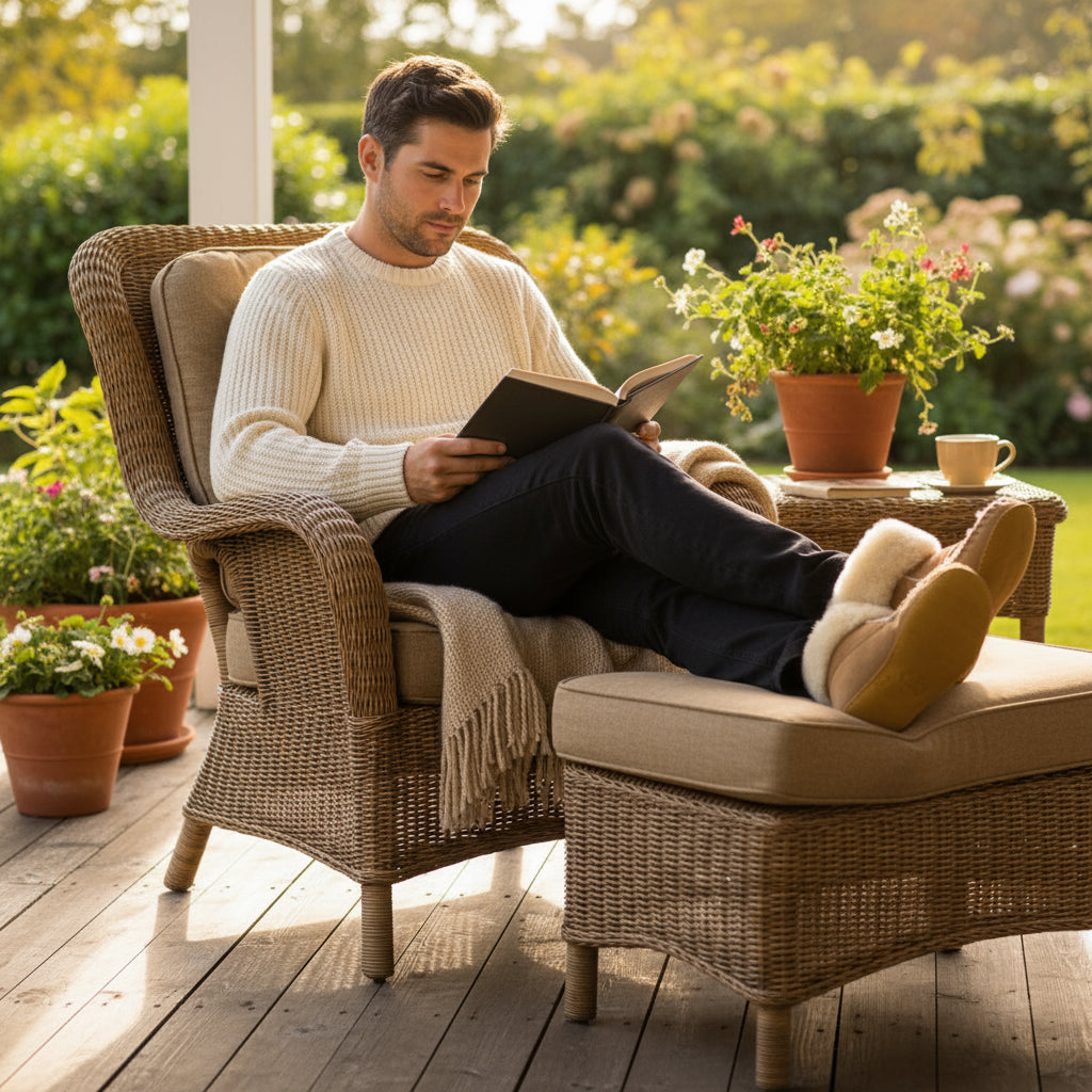 Man reading a book on a patio with plants and a cup.