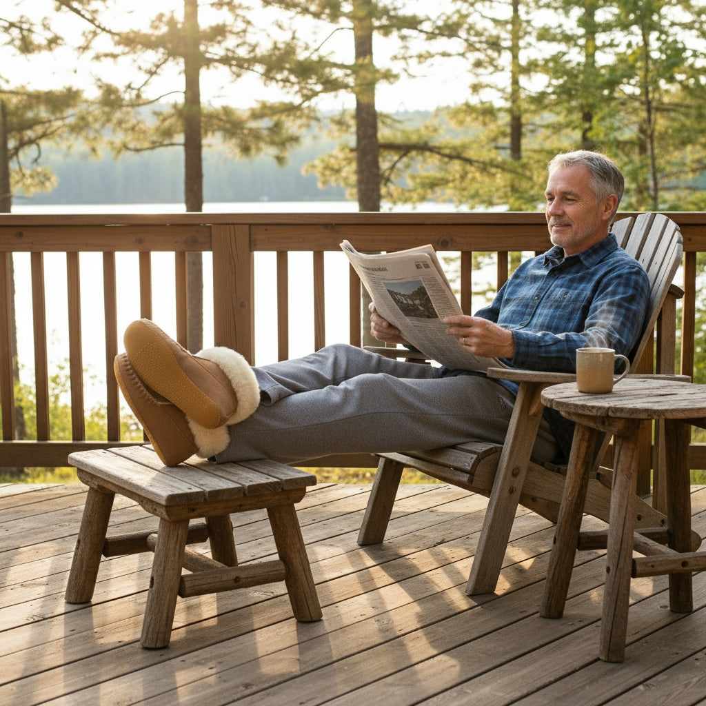 Man reading a newspaper on a wooden deck with a scenic view of trees and water.