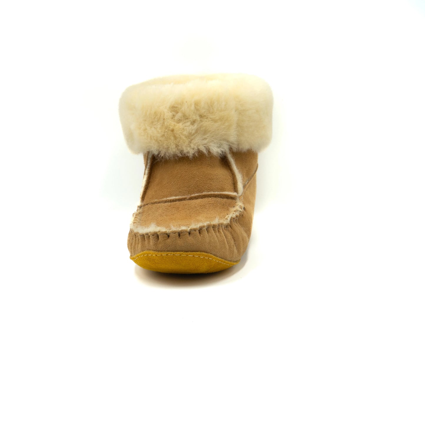 Brown slipper with white fur lining on a white background