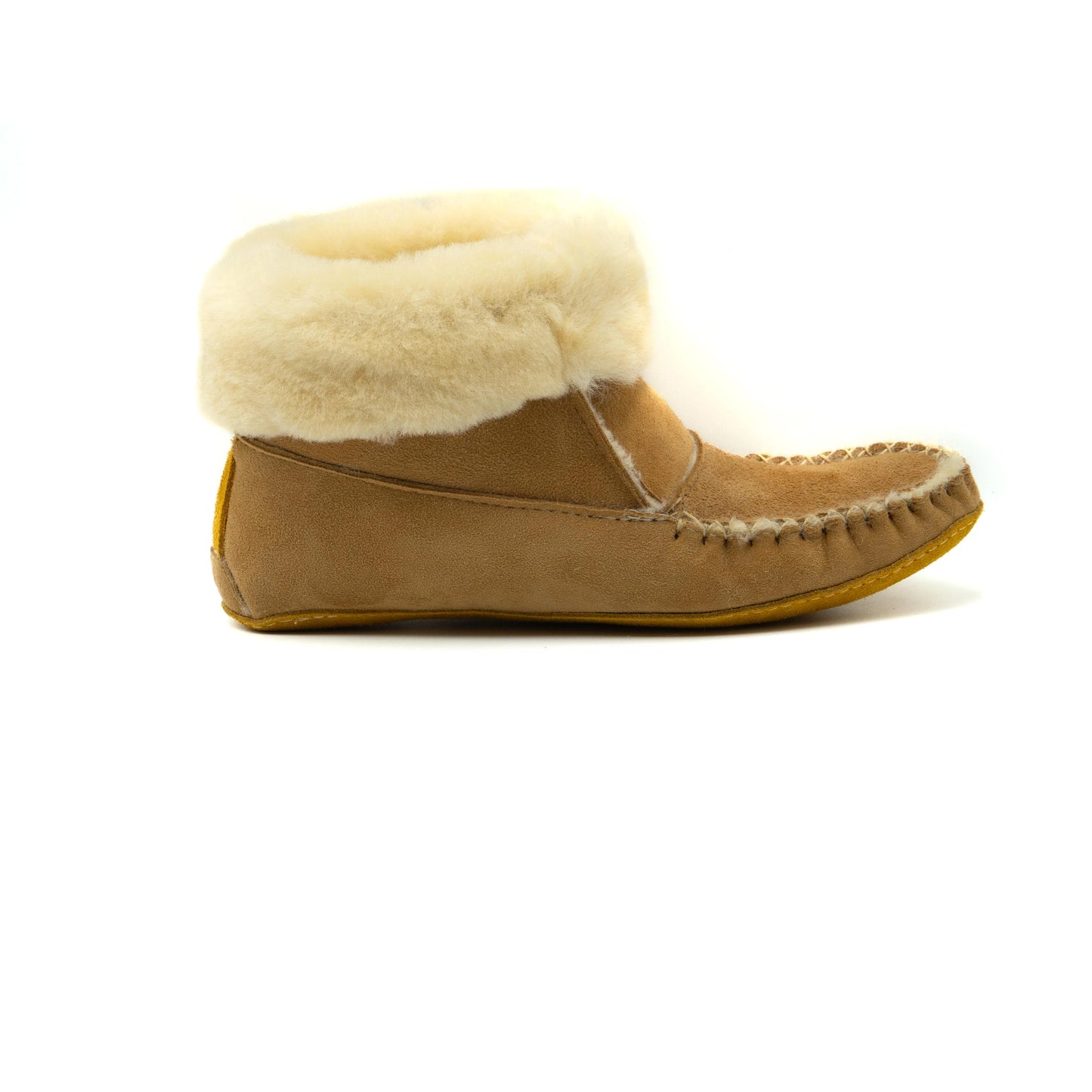 Tan slipper with white fur lining on a white background