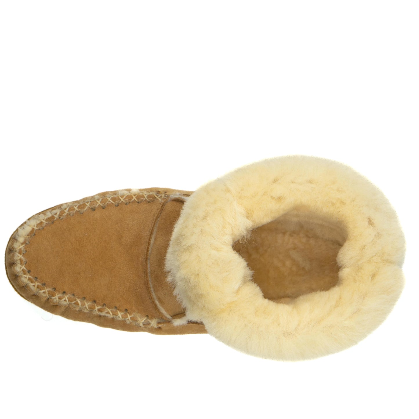Tan slipper with fluffy white interior on a white background