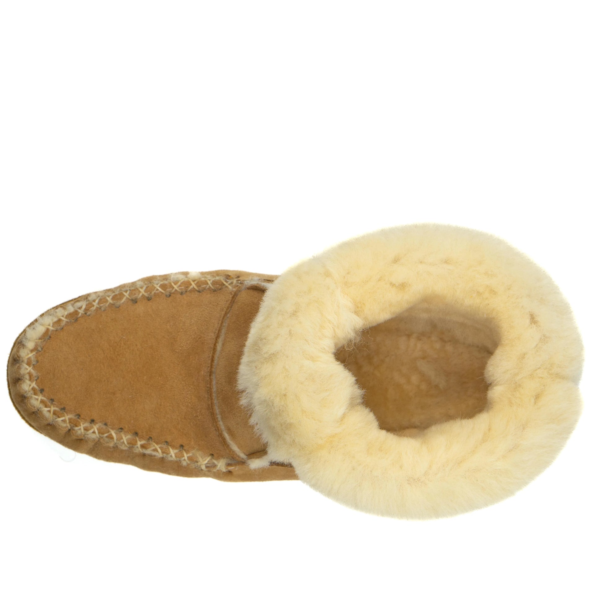 Tan slipper with fluffy white interior on a white background