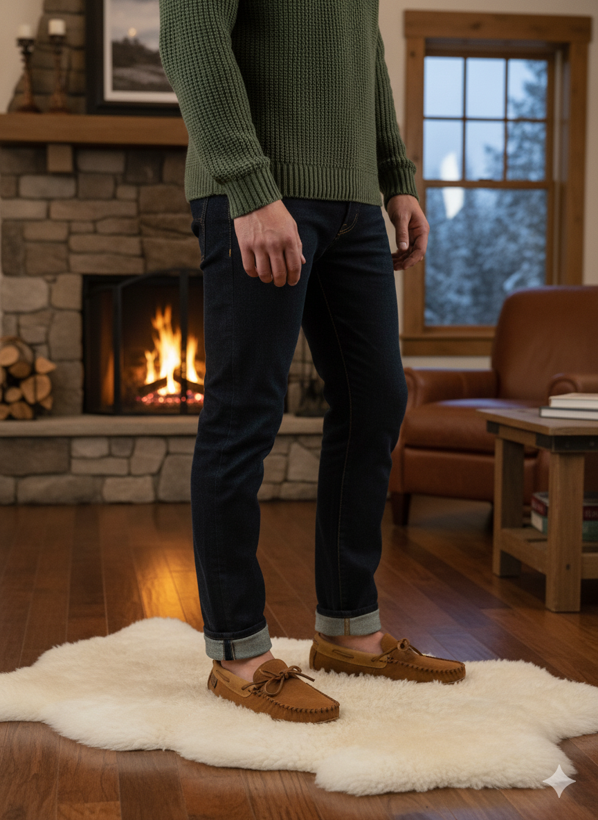 Person wearing a green sweater, dark jeans, and brown shoes in a cozy living room with a fireplace.