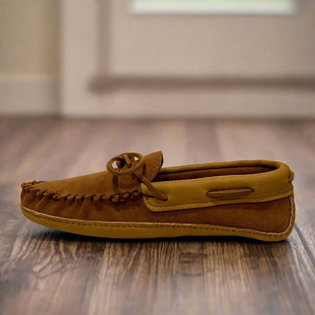 Men's dark tan suede moccasins with cork moosehide trim