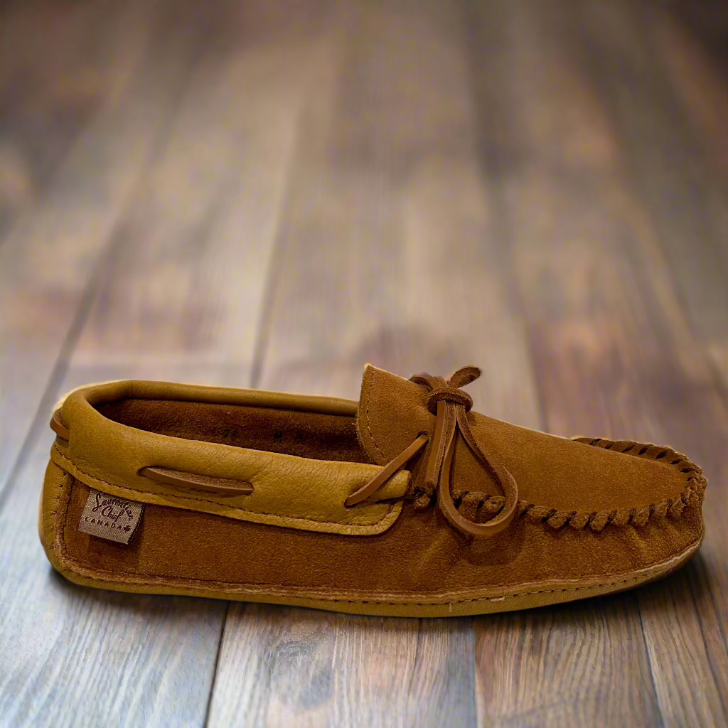 Men's dark tan suede moccasins with cork moosehide trim