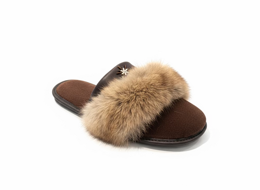 Brown slipper with fur on a white surface