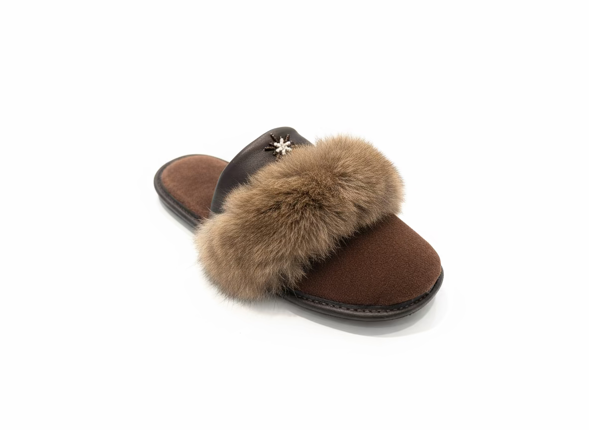 Brown slippers with fur on a white surface