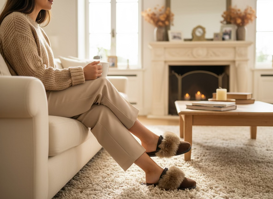 Brown slipper with fur trim on a white background