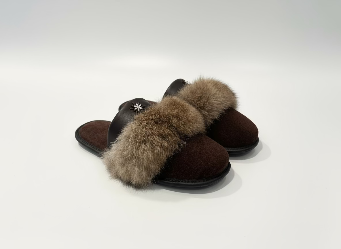 Brown slipper with fur on a white surface