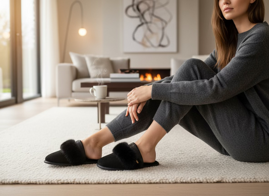 Woman sitting on a rug in a modern living room wearing black slippers.