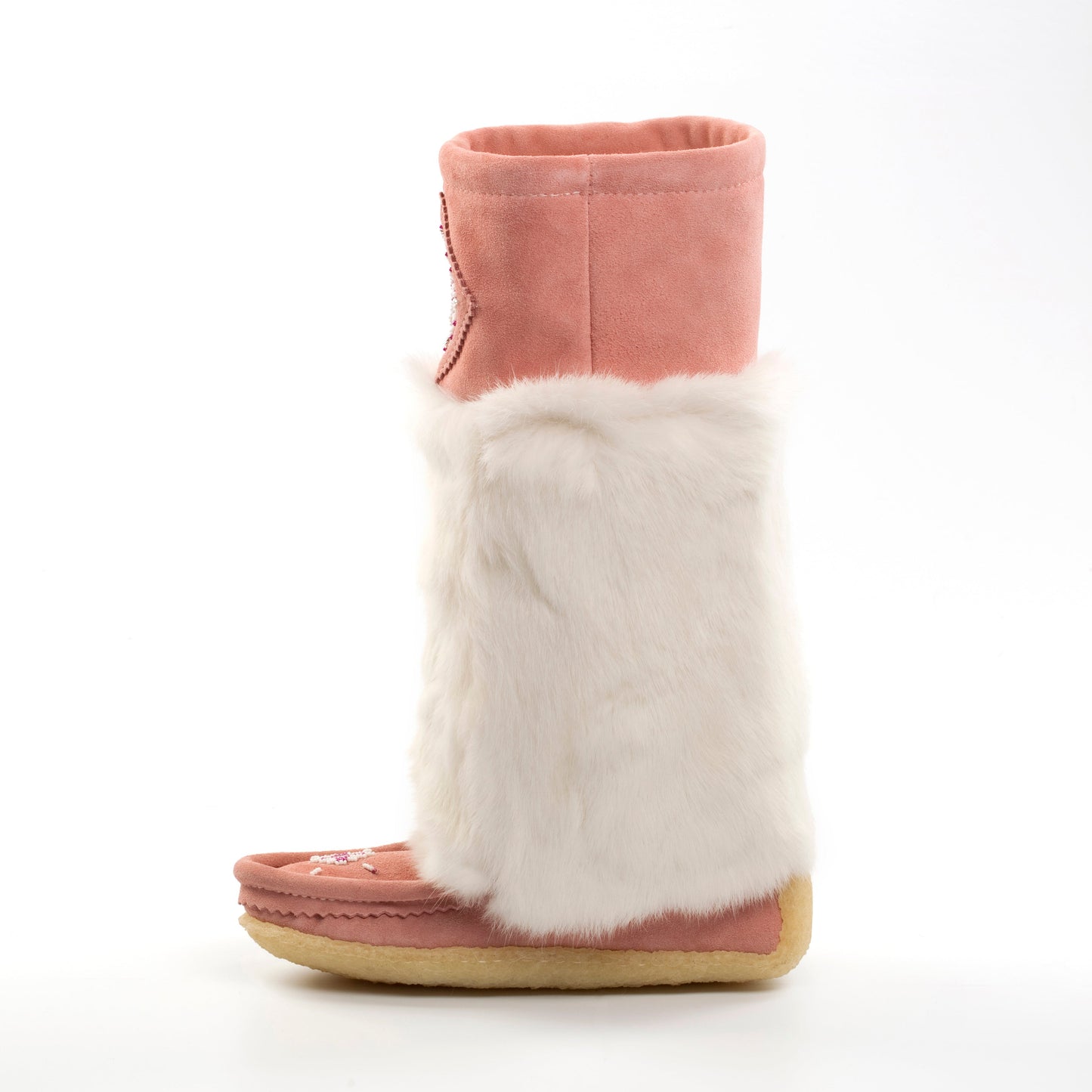 pink mukluks with white rabbit fur and bead pattern