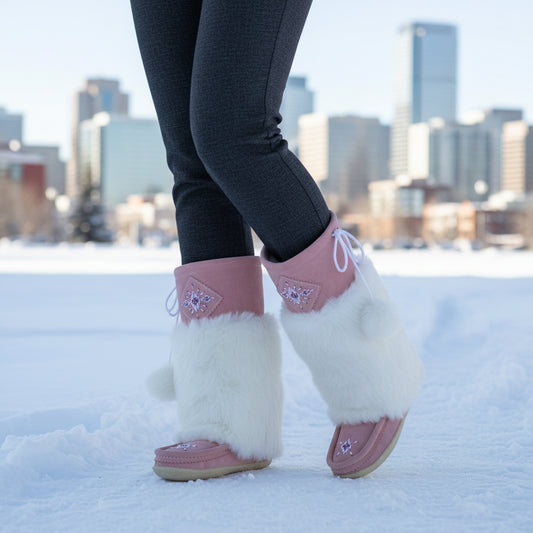 Woman wearing Tecumseh Canmore mukluks in Calgary,Alberta