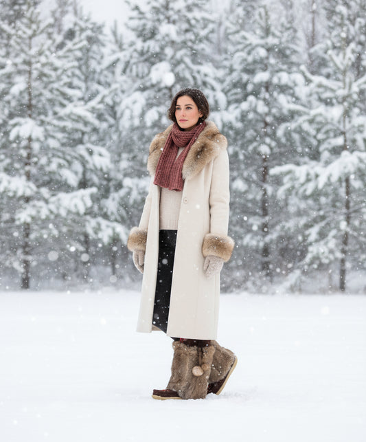 Woman in a snowy landscape wearing a fur-trimmed coat and boots.