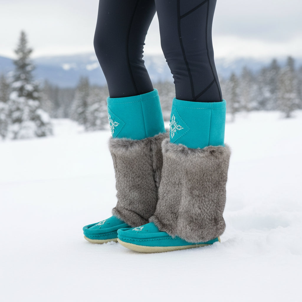 Turquoise Mukluks with gray fur trim on a white background