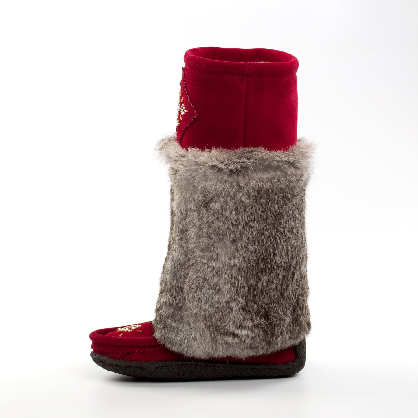 Red and gray rabbit fur mukluks with wool on a white background