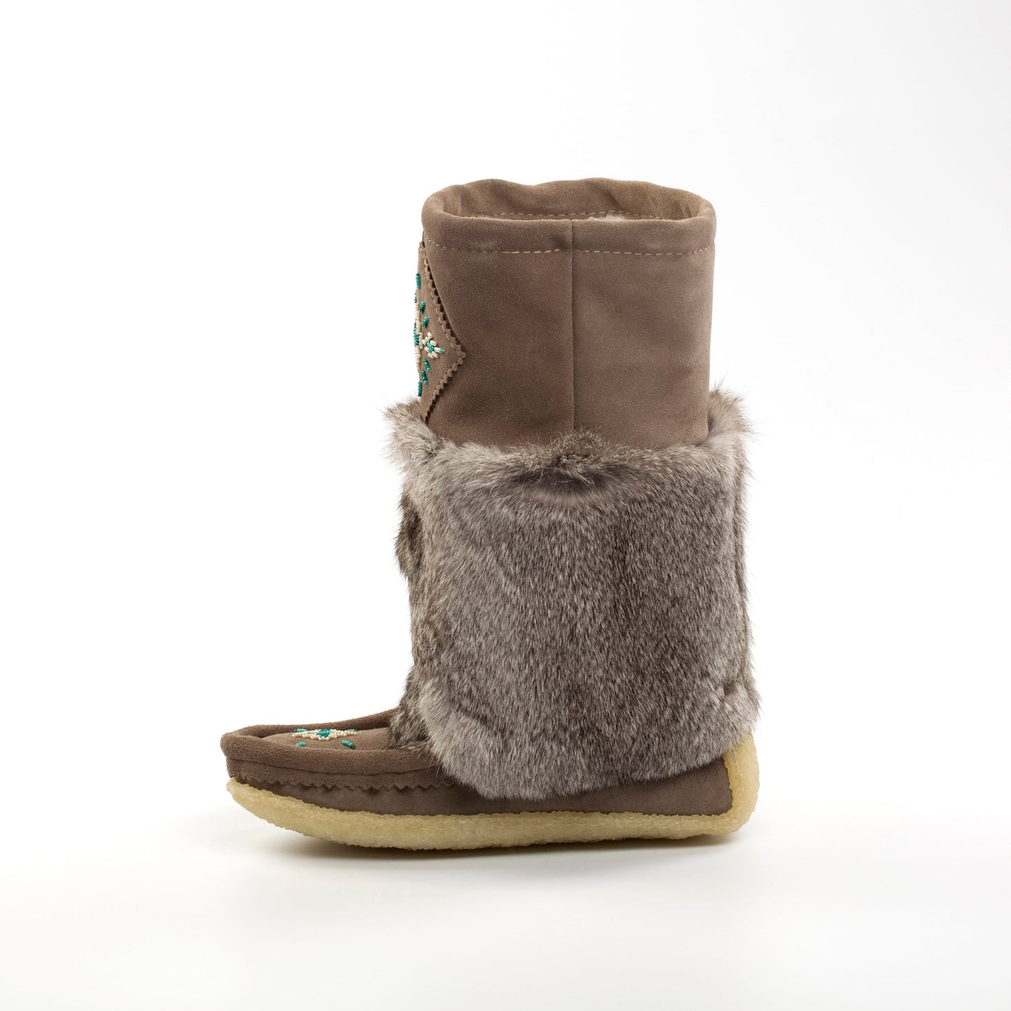 grey short mukluks in grey suede and grey rabbit fur