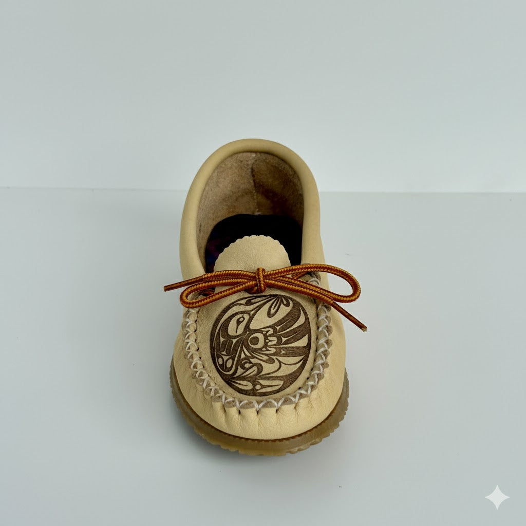 Spirit Moccasins: Women's Hummingbird Moccasins With Rubber Sole - Canadian Moose Hide & Bill Helin Art