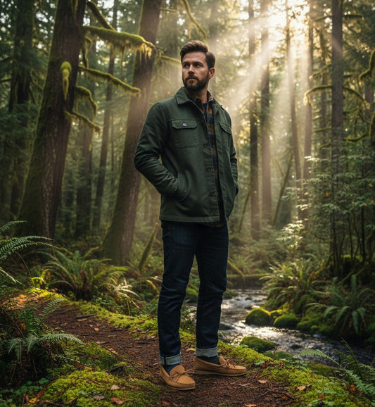Man standing in a forest with sunlight filtering through the trees. wearing moccasins.