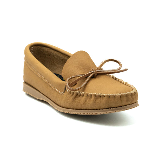 Tan moccasin shoe on a white background