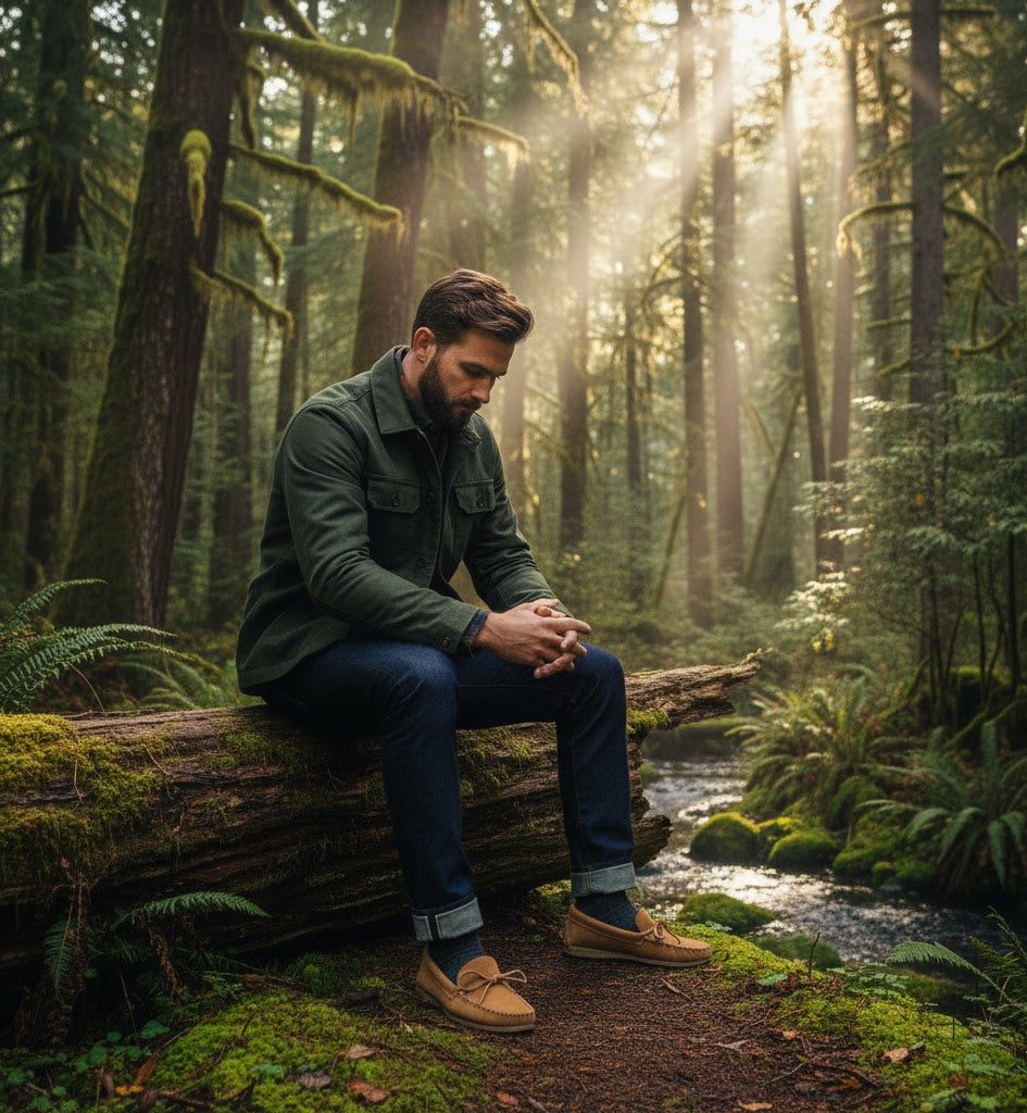 Man sitting on a log in a serene forest with sunlight filtering through the trees. Wearing moccasins.