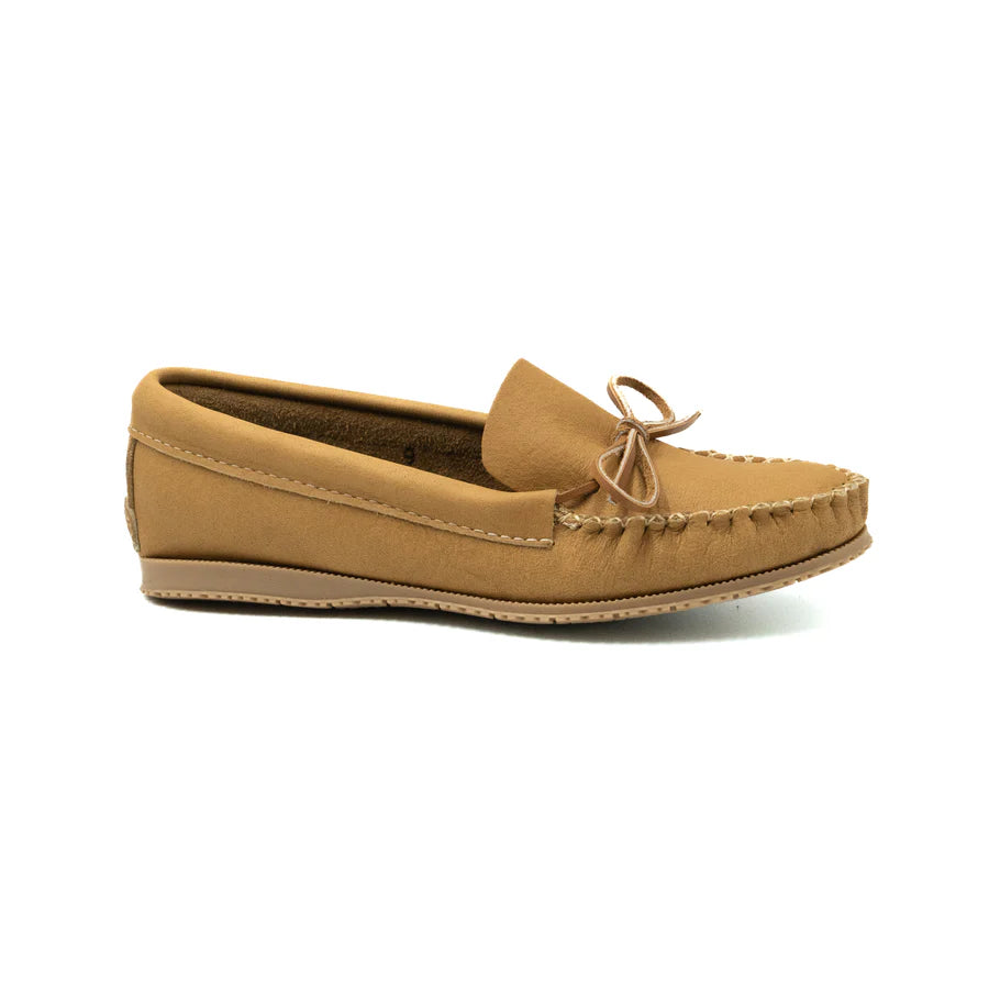 Tan moccasin shoe on a white background