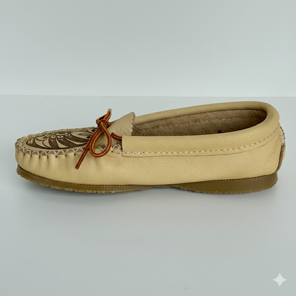 Spirit Moccasins: Women's Hummingbird Moccasins With Rubber Sole - Canadian Moose Hide & Bill Helin Art