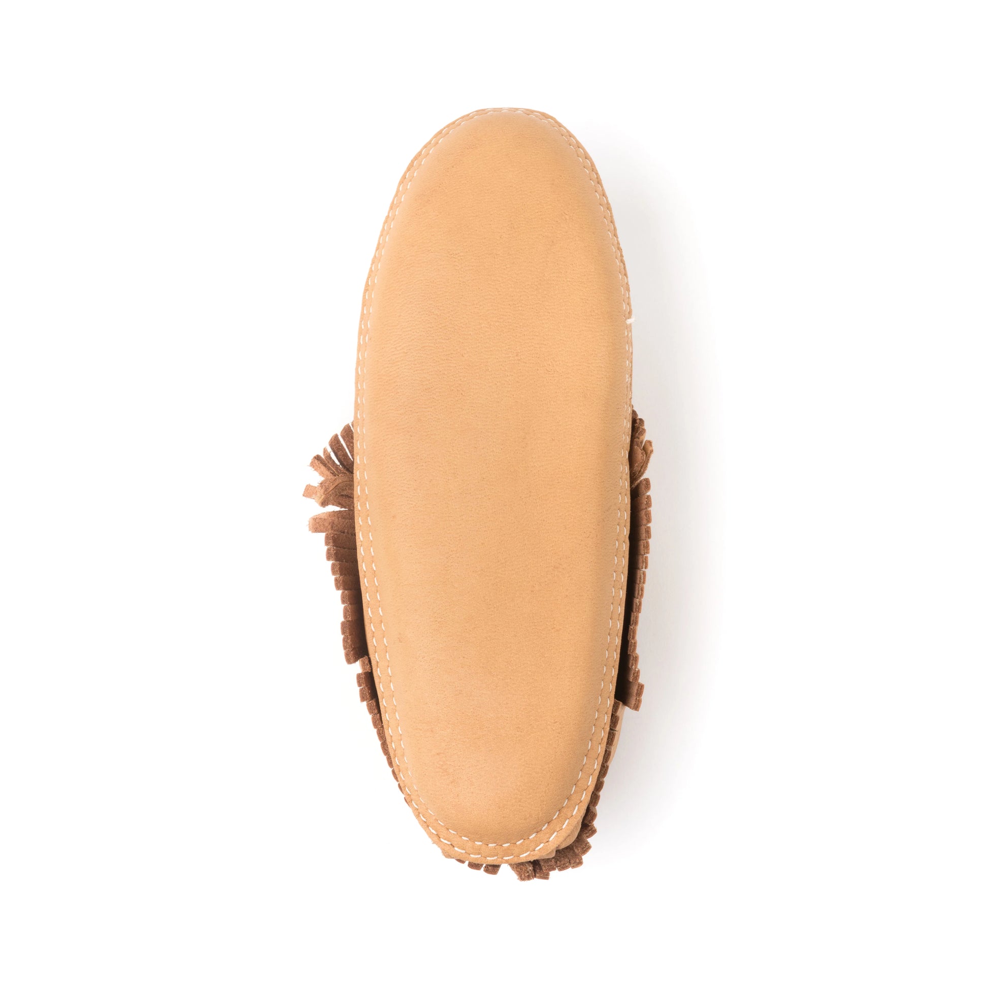 Tan leather shoe with fringes on a white background