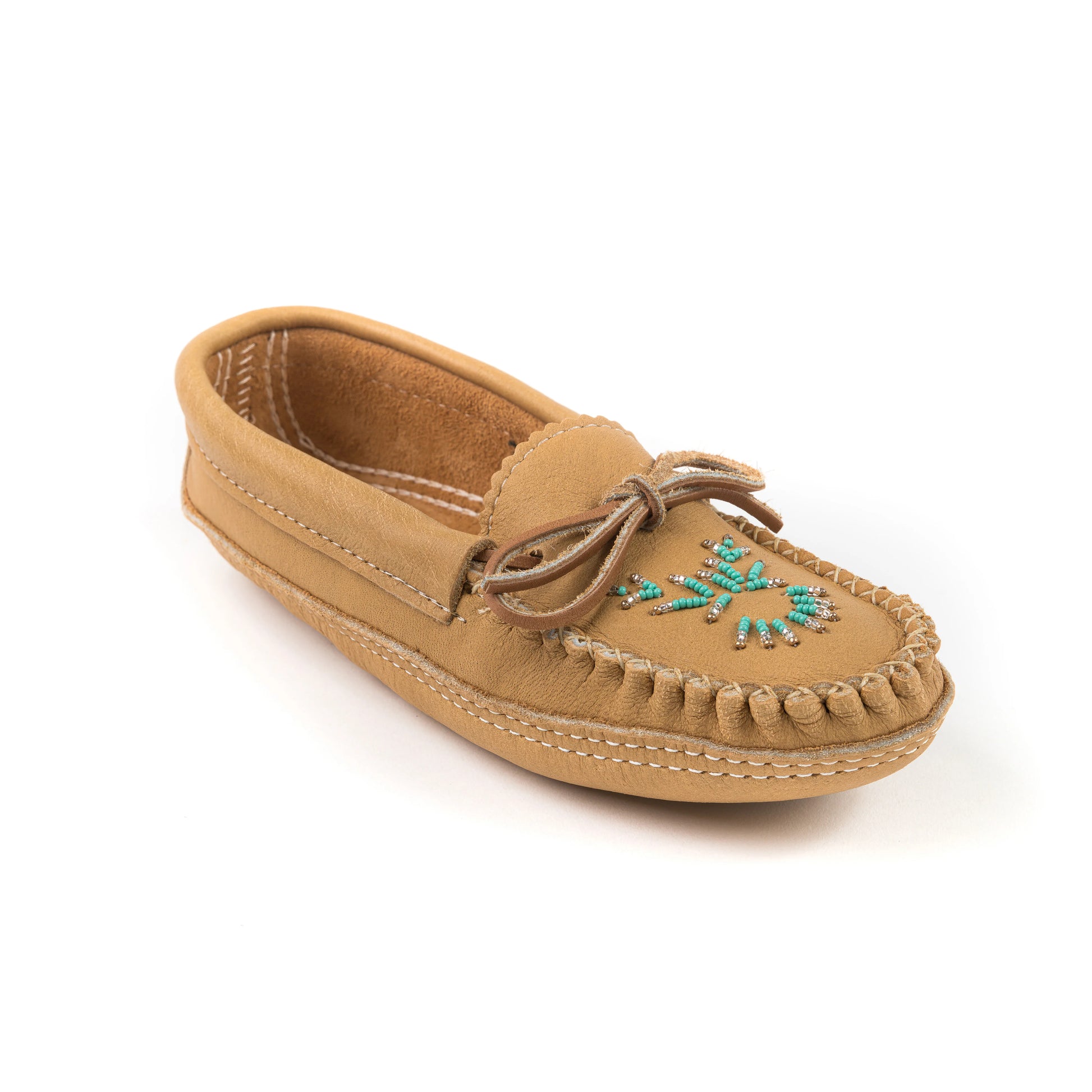 Tan moccasin shoe with turquoise bead design on a white background