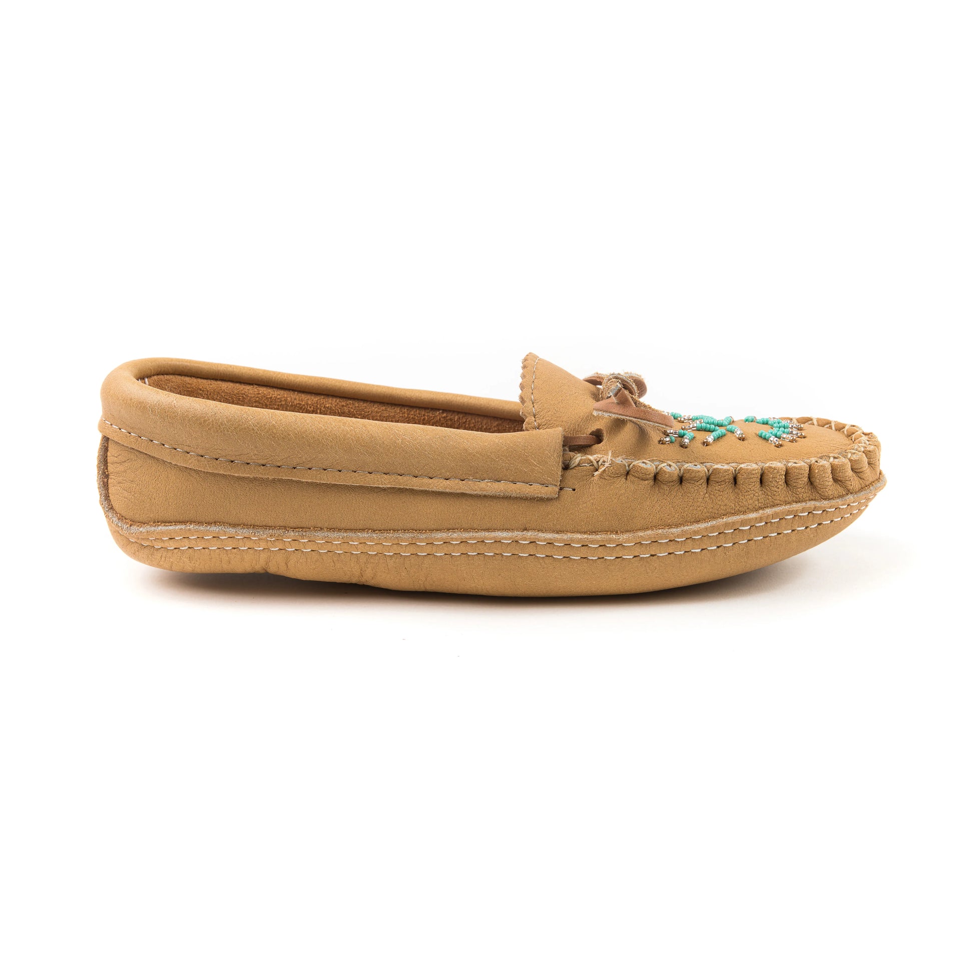 Tan moccasin shoe with decorative elements on a white background