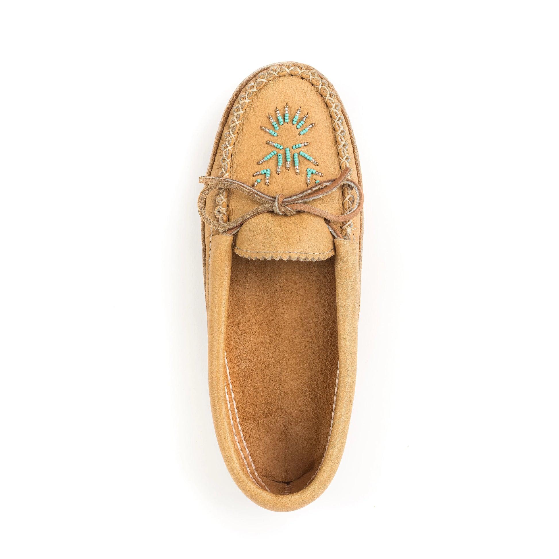 Tan loafer with turquoise bead design on a white background