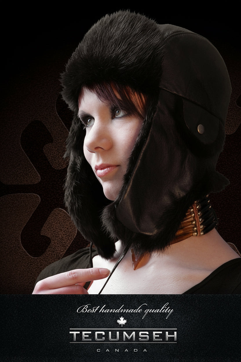 Person wearing a dark helmet with fur lining, brand 'Tecumseh' visible