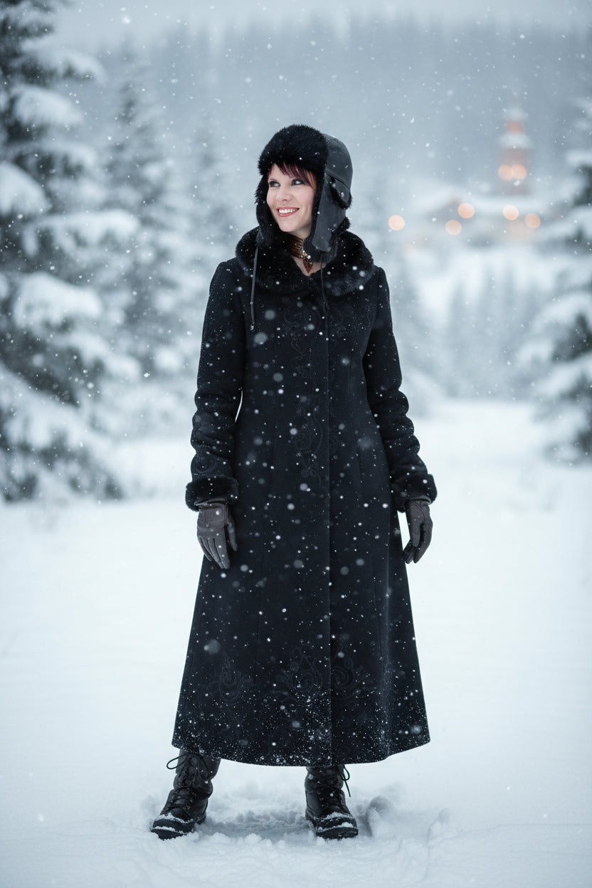 Person wearing a black fur-lined helmet with 'Tecumseh' branding on a dark background