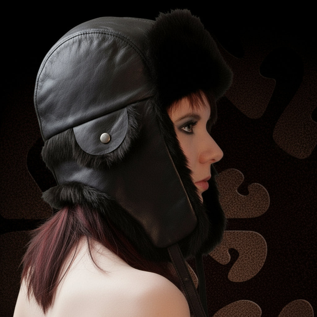 Woman wearing a black leather helmet with fur trim against a dark background
