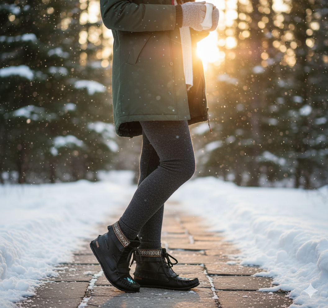 Person walking on a snowy path with trees in the background during sunset wearing moccasins