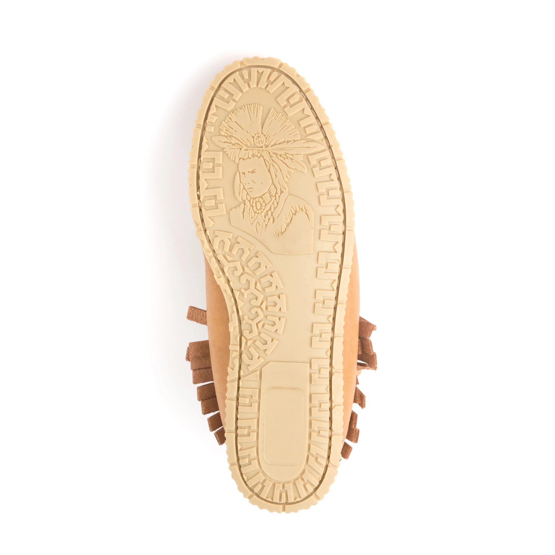 Tan shoe sole with brand logo on a white background