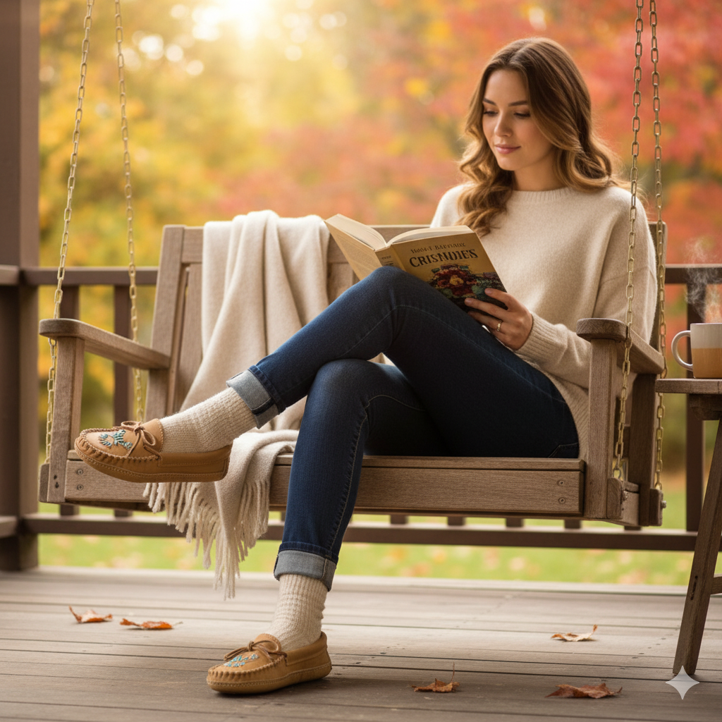Woman reading a book on a wooden swing with autumn leaves in the background