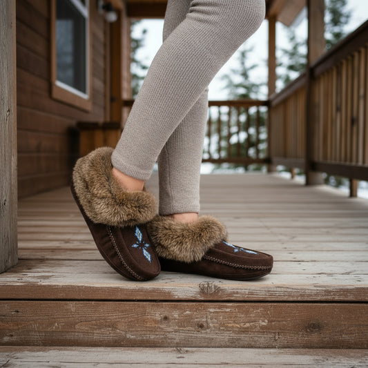 Brown slipper with fur trim and blue embroidery on a white surface