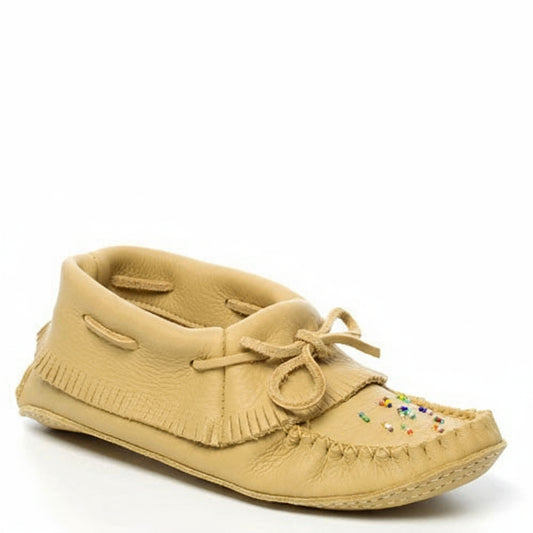 Tan moccasin shoe with colorful beads on a white background, featuring the brand 'Tecumseh'.