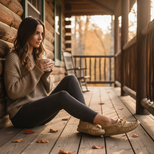 Woman sitting on a wooden porch of a log cabin, holding a mug.