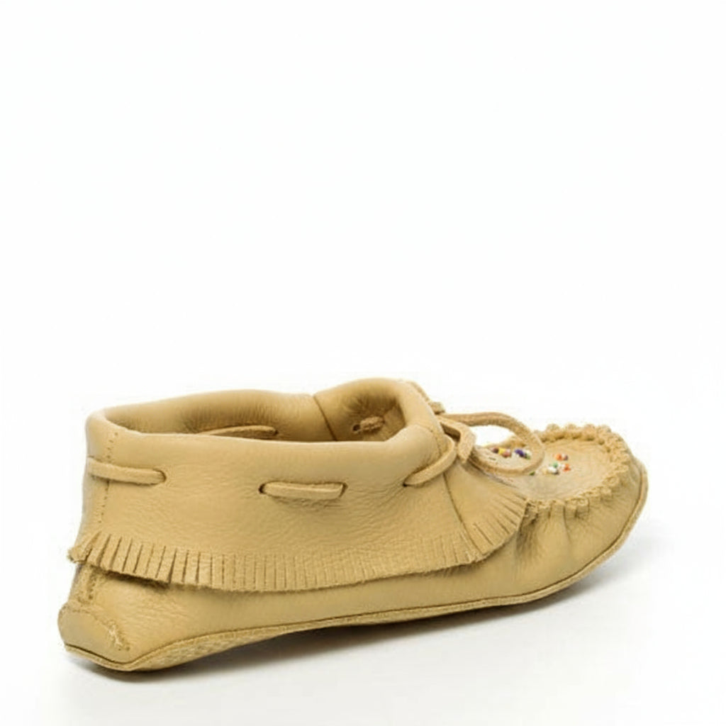 Tecumseh Canada Leather Papoose Fringed Moccasins With Handsewn Glass Beaded Vamp