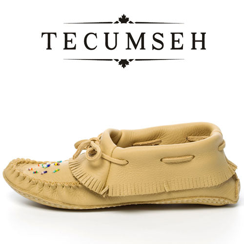Tecumseh Canada Leather Papoose Fringed Moccasins With Handsewn Glass Beaded Vamp