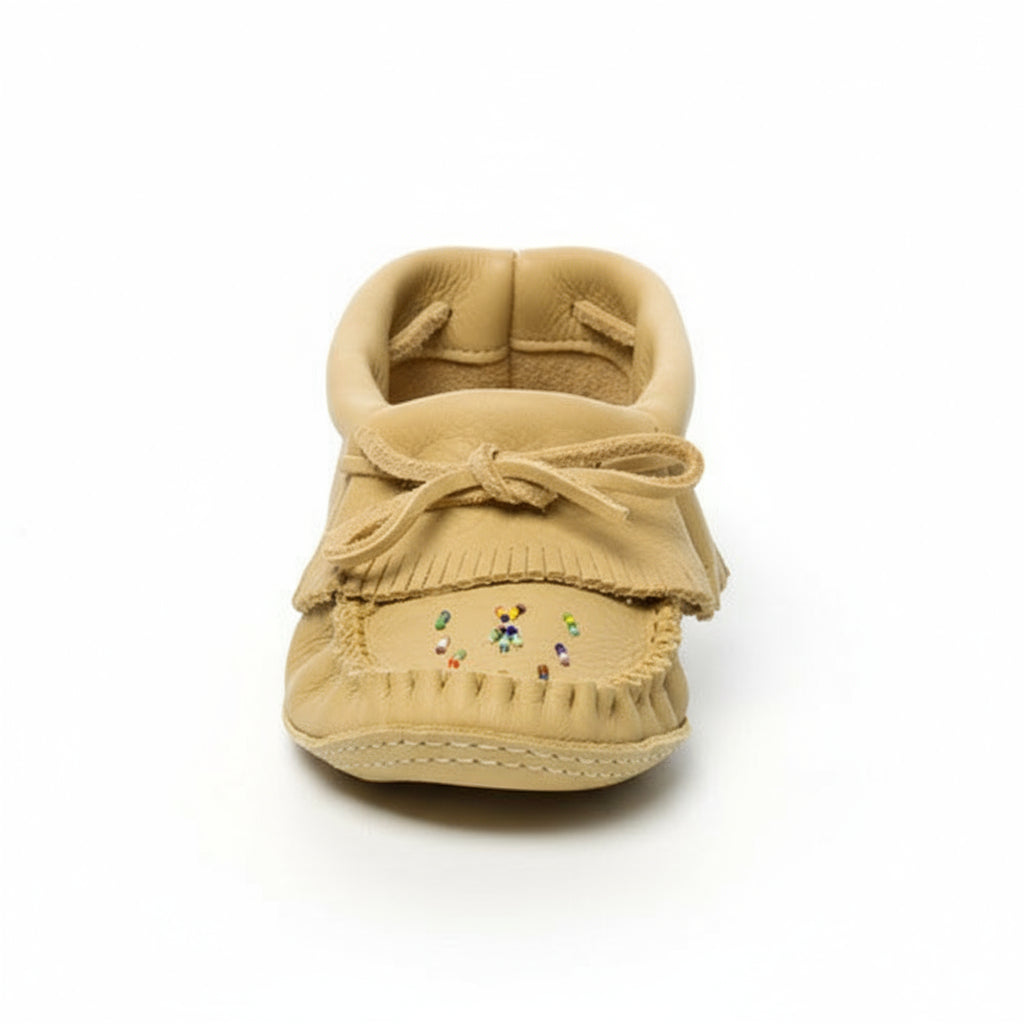 Tecumseh Canada Leather Papoose Fringed Moccasins With Handsewn Glass Beaded Vamp