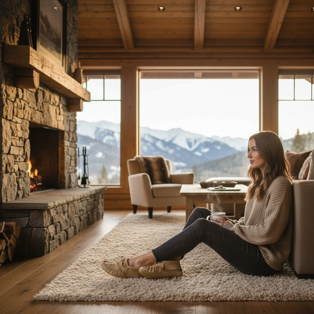 Woman sitting on a couch in a cozy living room with a stone fireplace and mountain view.