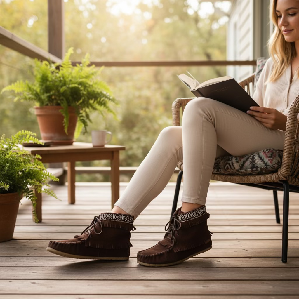 Woman sitting on a porch reading a book wearing brown shoes with decorative laces.