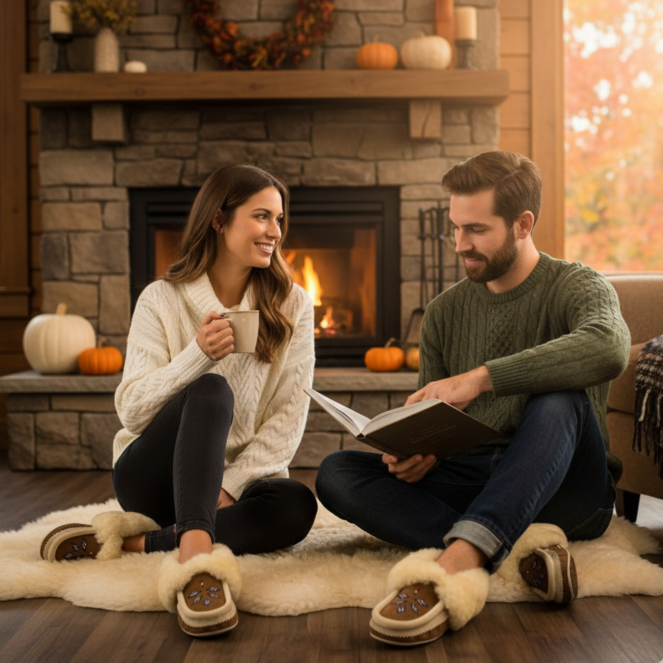 Man and woman sitting on a rug in front of a fireplace, holding coffee mugs and books.