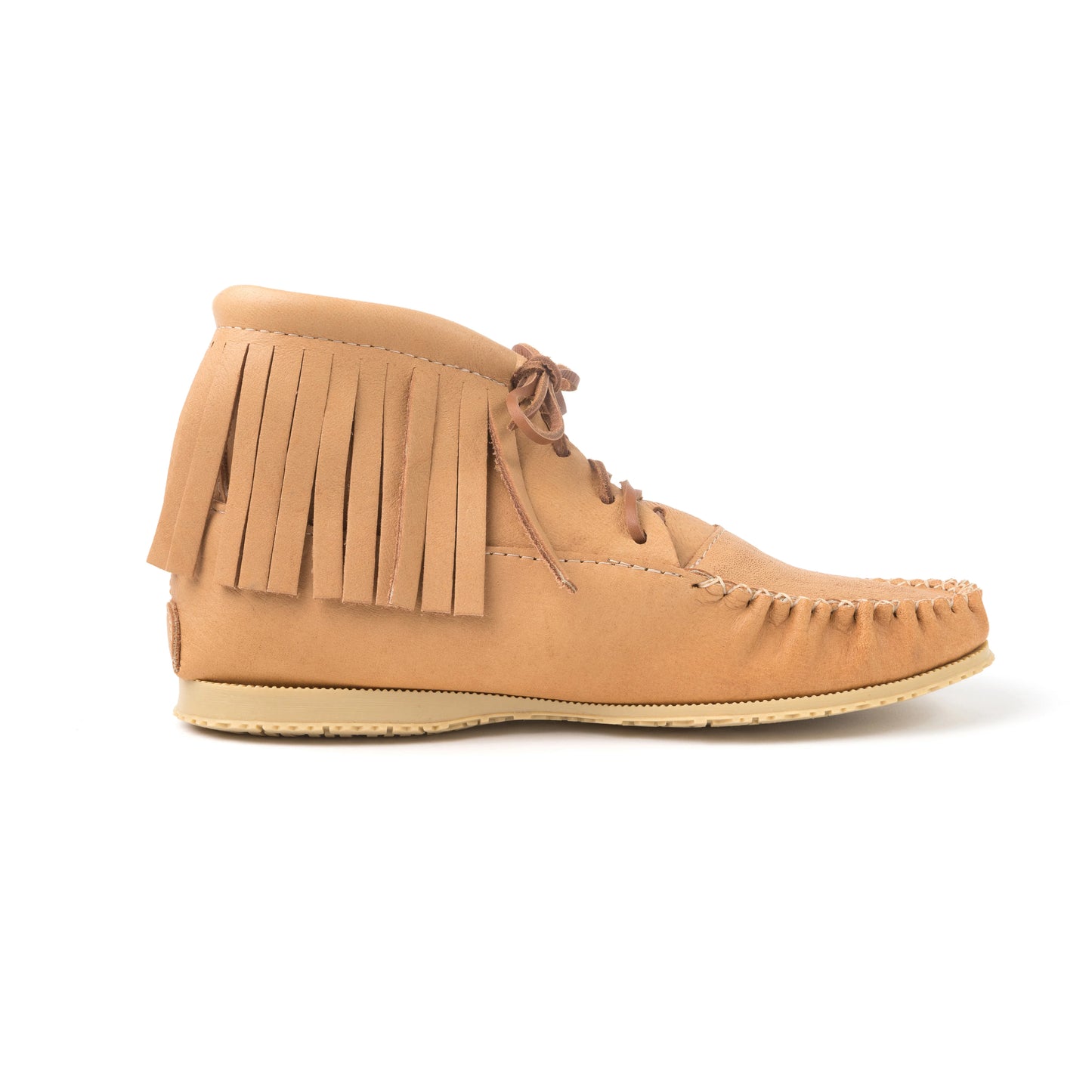 Tan moccasin boot with fringes on a white background